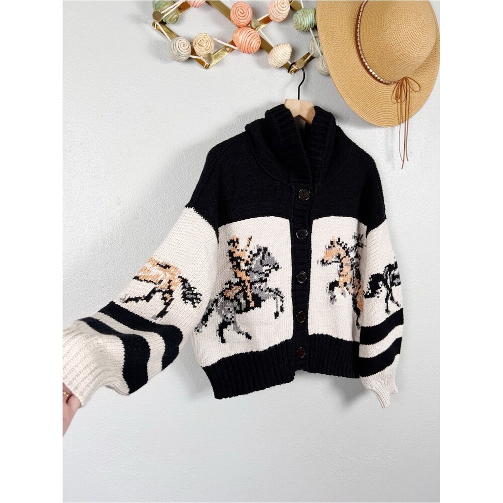 NWT Anthropologie Pilcro Horse Graphic Shawl Collar Chunky Knit Cardigan Medium - Picture 5 of 13